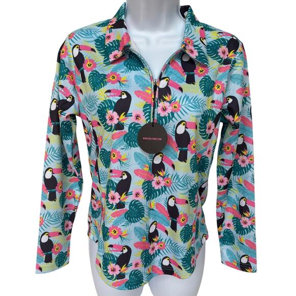 Golf Goddess NWT Bright Tropical Toucan Themed Quarter Zip Pullover size S - Picture 1 of 9
